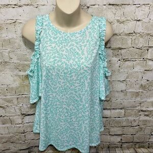 NWT Madison Grey Green White Floral Print Ruffle Cold Shoulder Top